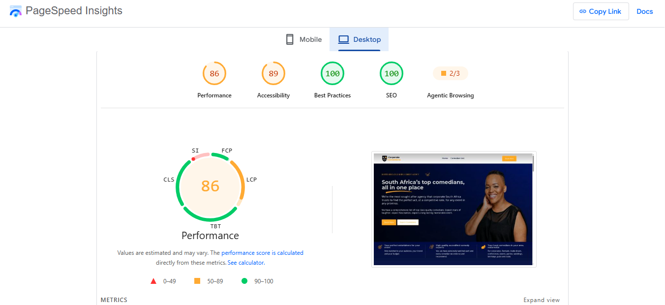 Corporate-comedians page speed insights